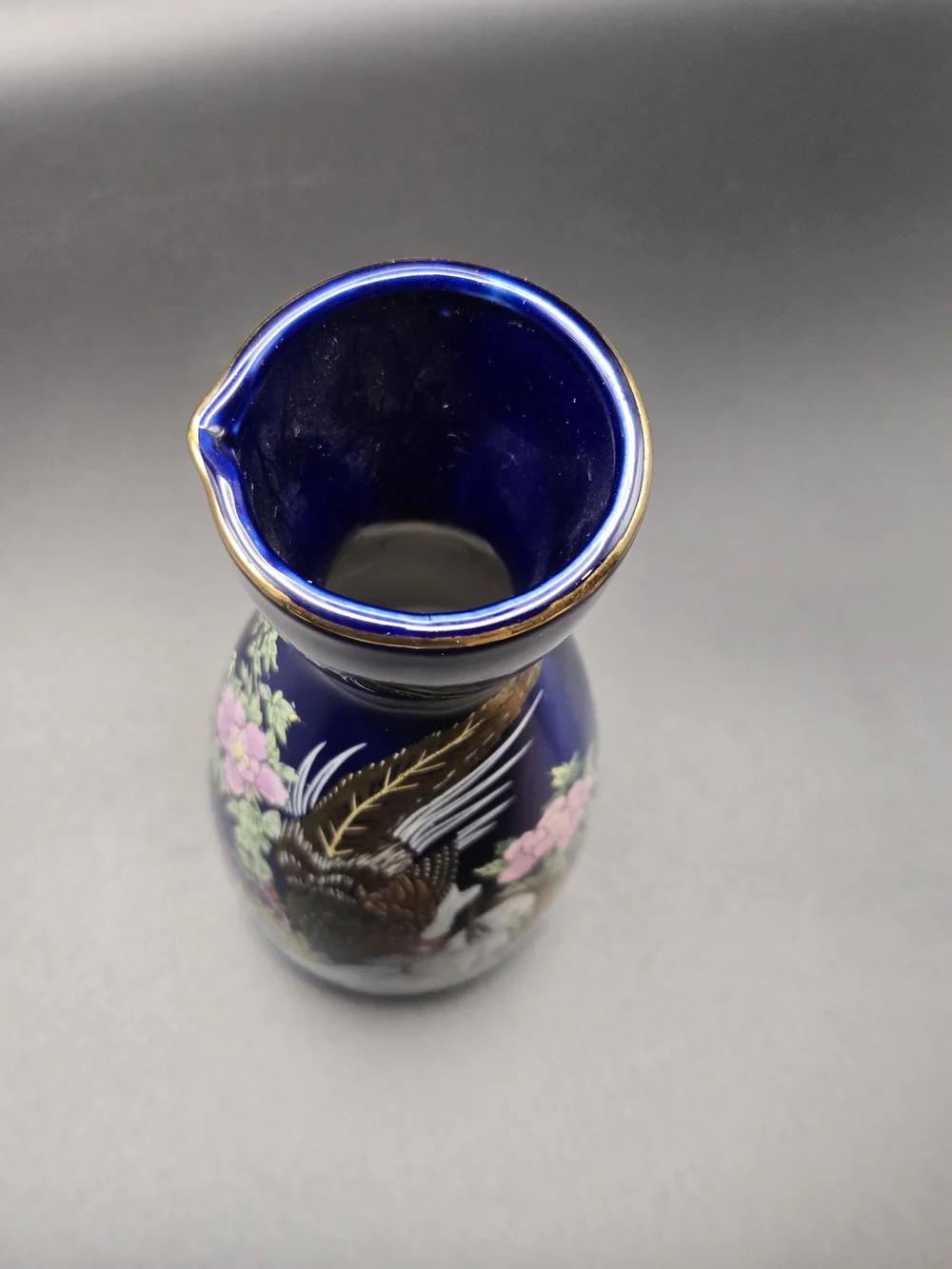 Vintage Japanese Porcelain Cobalt Blue Peacock Design Sake Bottle